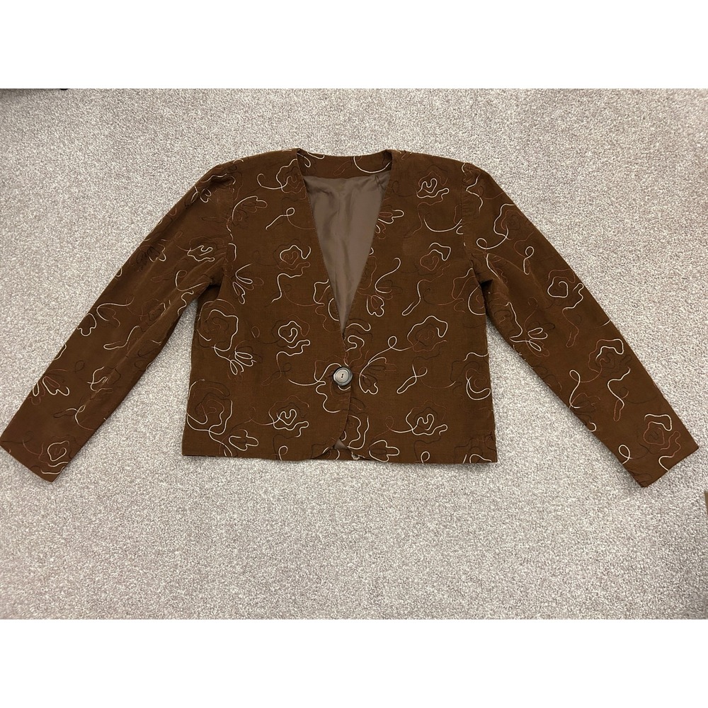 Vintage Style Corduroy Blazer Women XL Brown Excellent Floral Embroidered Croppe